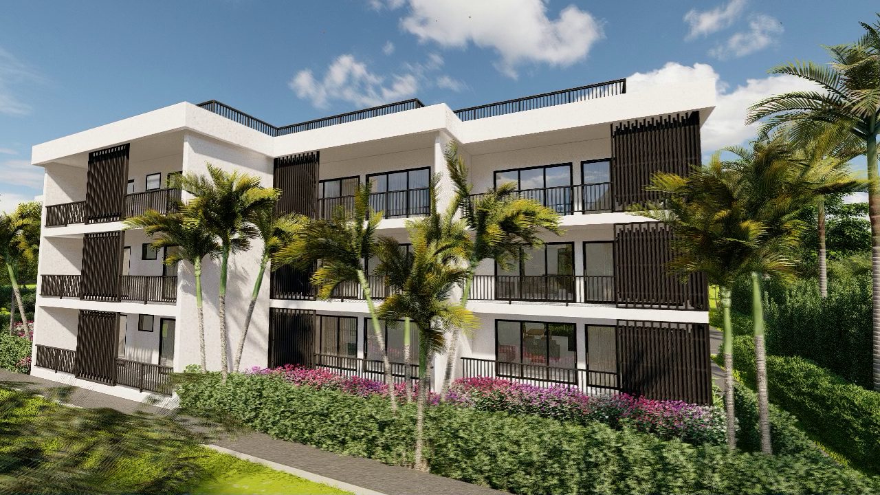 Condo balconies framed by palm trees