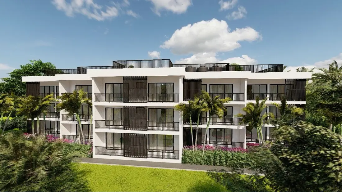 Architectural illustration of a condominium with landscaped grounds